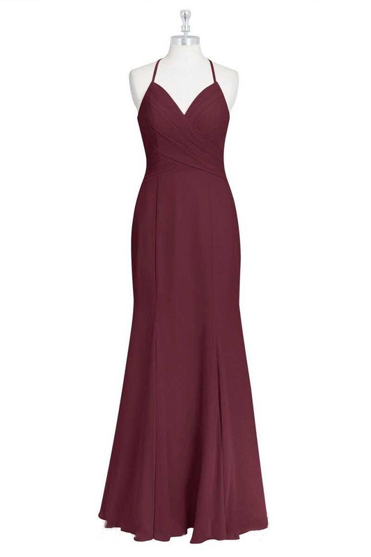 Burgundy Halter Spaghetti Straps Mermaid Long Bridesmaid Dress
