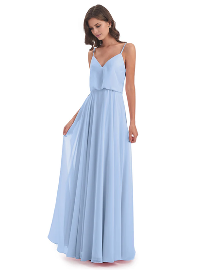 Simple slim shoulder chiffon and floor length bridesmaid dress