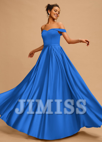 A-line off-the-shoulder floor-length satin prom dress