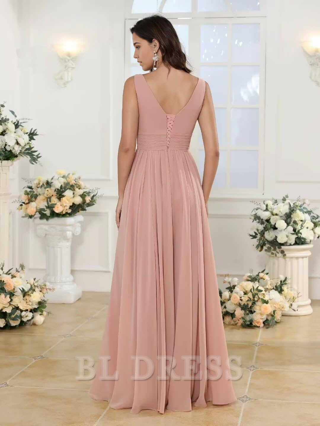 A-line V-Neck Ruffles Long Chiffon formal dresses Bridesmaid Dresses evening gown Prom Dress with Slit