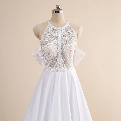 A-Line Wedding Dresses Sexy Illusion O Neck Off Shoulder Button Cut-Out Lace Appliqued New Long Bridal Gowns Custom