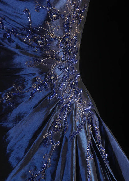 Navy Blue Vintage Elegant Fashion Ball Gown Off Shoulder Long Satin Prom Dress Evening Dress Party Dress gh4246
