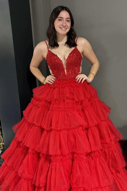Spaghetti Strap V-Neck Sleeveless Ruffle Tiered Tulle Long Ball Gown