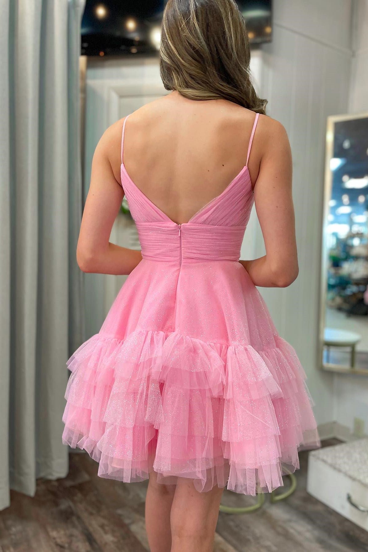 Light Blue Tulle V-Neck Tiered Short Party Dress with Ruffles
