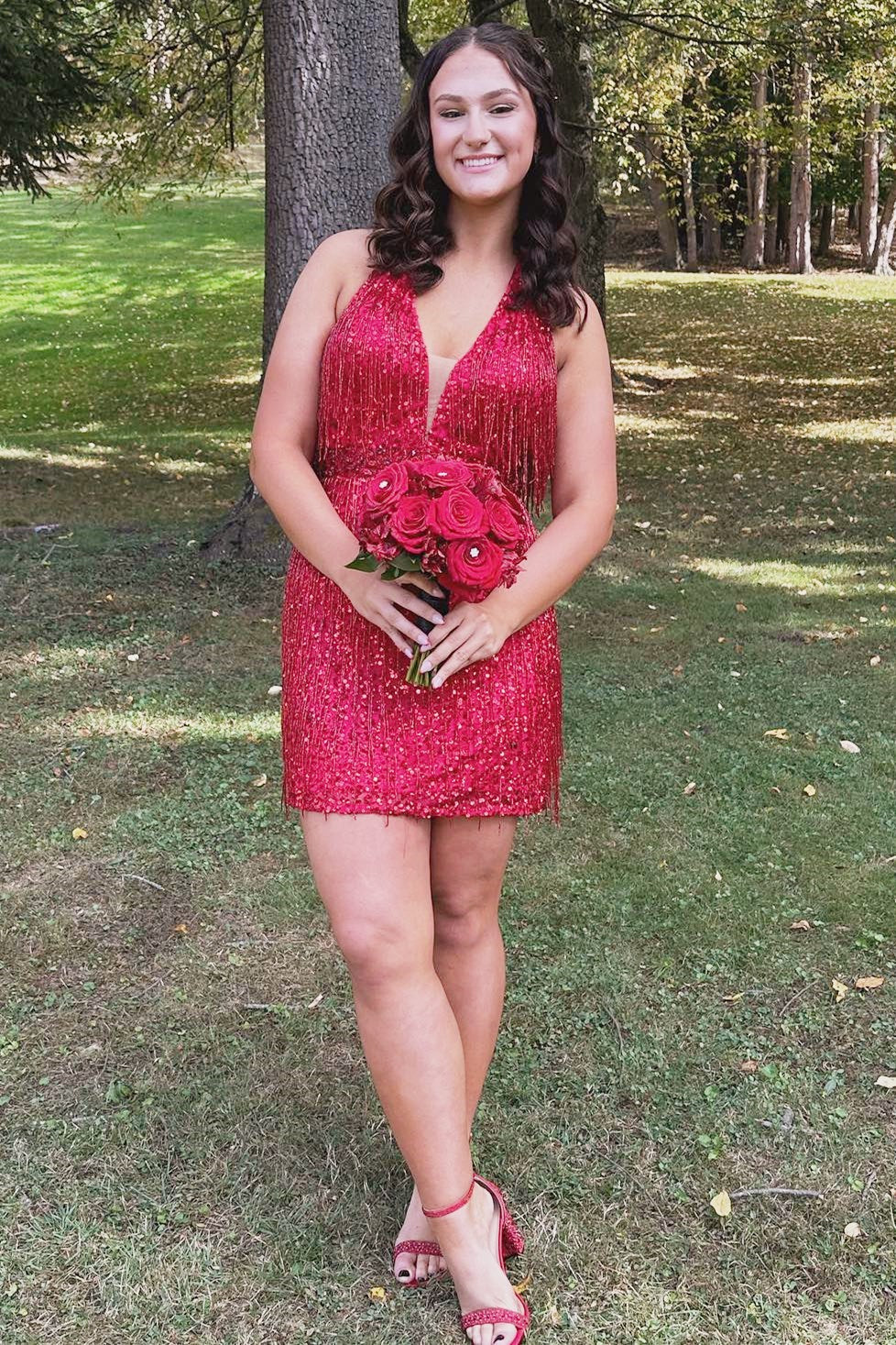Gold Sequin Fringe Plunge V Bodycon Short Homecoming Dress