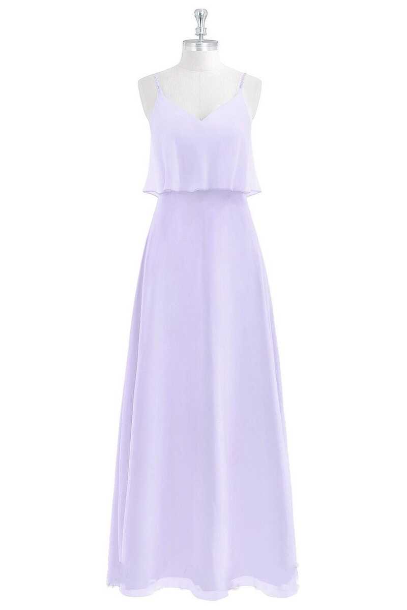 Lavender V-Neck Spaghetti Straps Ruffled Long Bridesmaid Dress