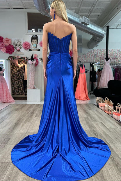 Mermaid Lace Satin Strapless Ruching Long Prom Dress with Slit