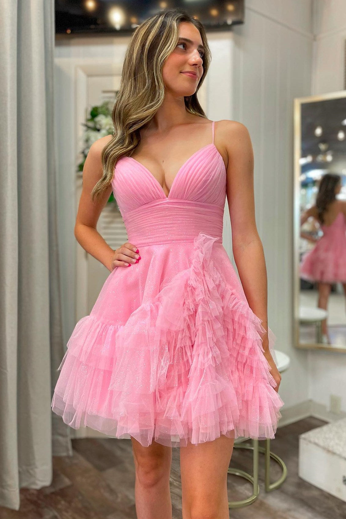 Light Blue Tulle V-Neck Tiered Short Party Dress with Ruffles