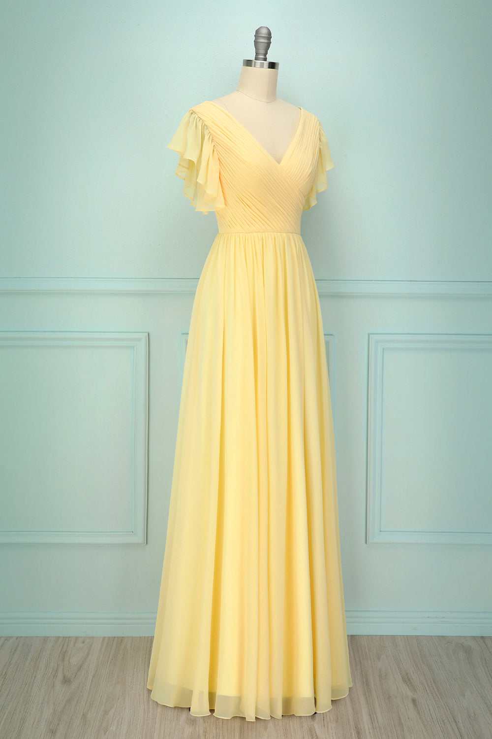 Yellow V-Neck Ruffled Pleated Bridesmaid Dress