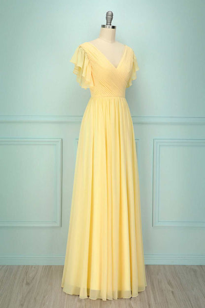 Yellow V-Neck Ruffled Pleated Bridesmaid Dress