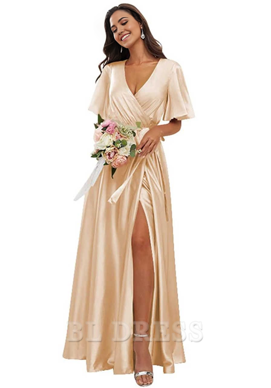 A Line V Neck Sleeves Satin formal dresses evening gown Bridesmaid Dresses with Slit