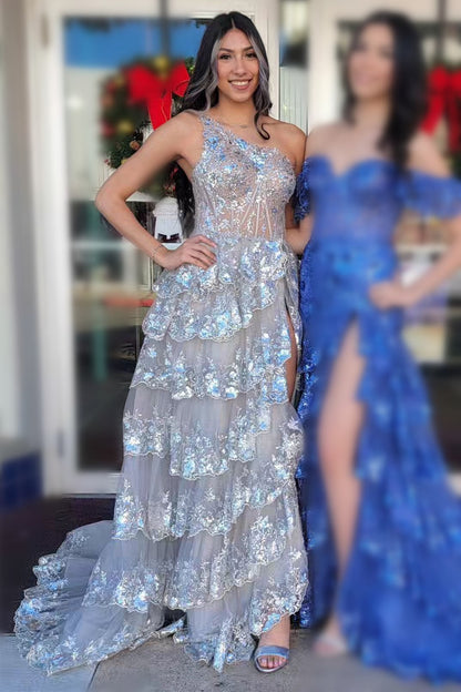 Gold Tulle Sequin One-Shoulder Ruffle Long Prom Dress with Slit
