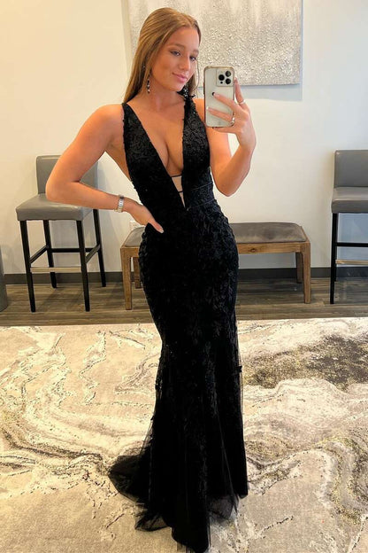 Plunge Black Embroidered Mermaid Long Prom Dress