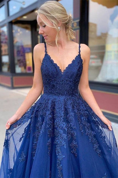 Dark Blue Lace Appliqués V-Neck Lace-Up A-Line Prom Dress