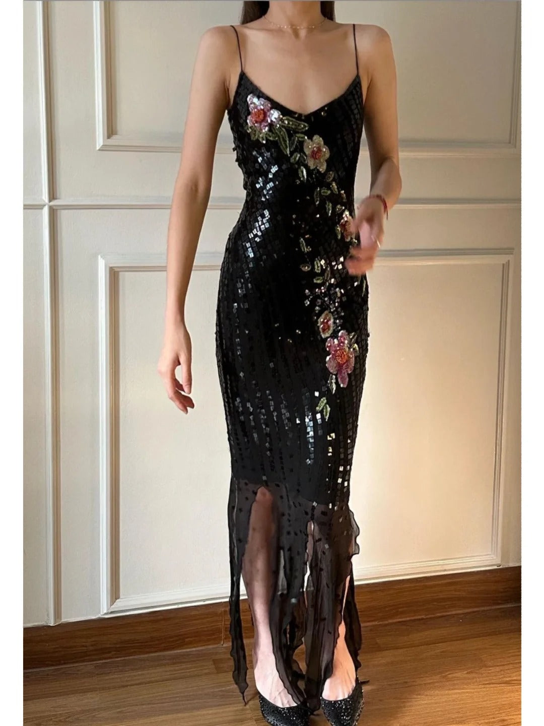 Retro Black Mermaid Deep V Halter Sequined Long Prom Dress Evening Dress cc5333