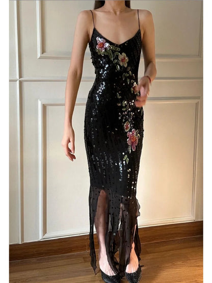 Retro Black Mermaid Deep V Halter Sequined Long Prom Dress Evening Dress cc5333