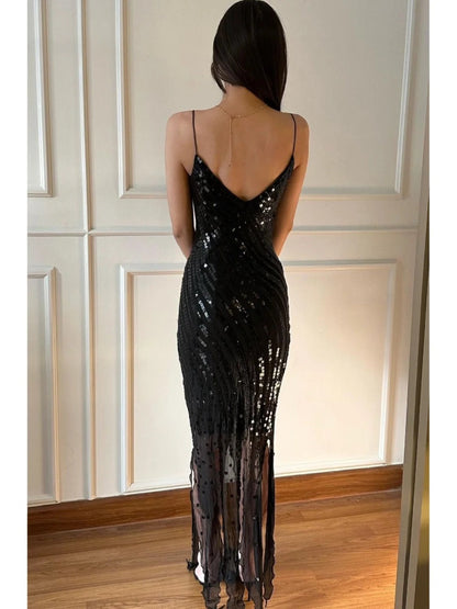 Retro Black Mermaid Deep V Halter Sequined Long Prom Dress Evening Dress cc5333