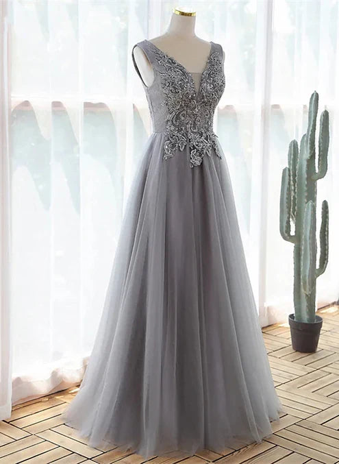 Grey A-line Tulle with Lace Long Formal Dress V-neckline Prom Dress Sleeveless december wedding guest dress