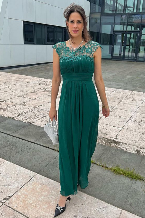 Hunter Green Chiffon Lace Cap Sleeve Bridesmaid Dress
