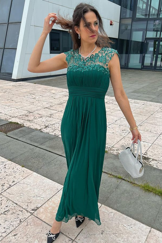 Hunter Green Chiffon Lace Cap Sleeve Bridesmaid Dress