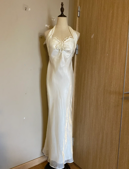 Elegant White Mermaid Halter Neck Satin Long Prom Dress Evening Dress cc5337
