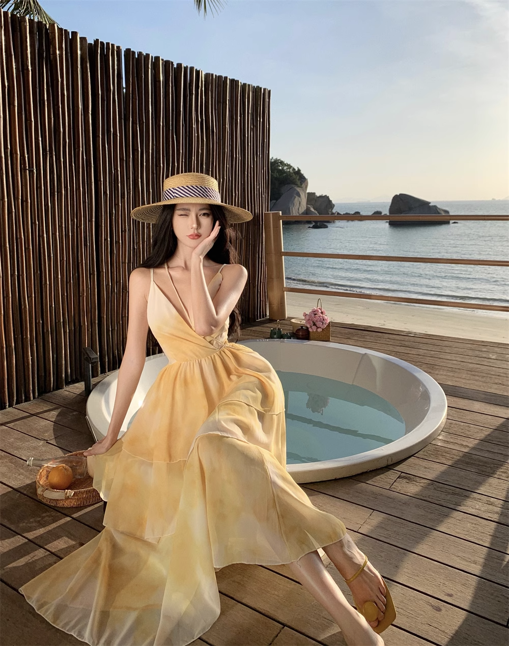 New Simple Yellow Floral Design A-Line Beach Holiday Spaghetti Strap Dress HZ1024
