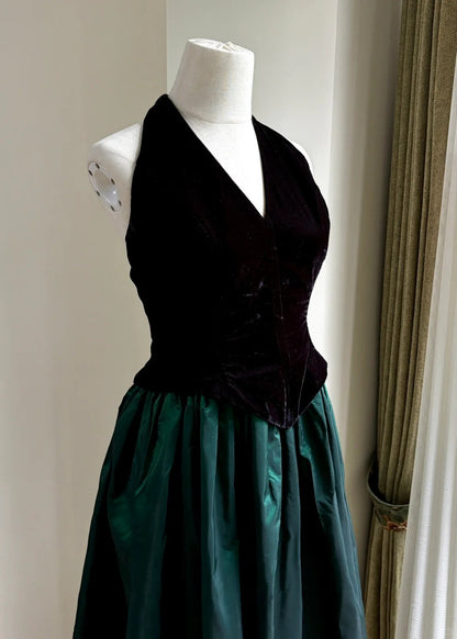 Retro Black And Green A-line Halter Neck Velvet And Satin Prom Dress Evening Dress cc5340