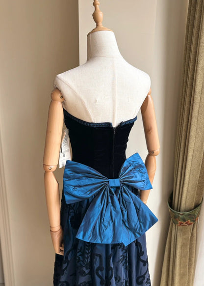 Retro Blue And Black A-line Strapless Bow Jacquard Velvet Long Prom Dress Evening Dress cc5341