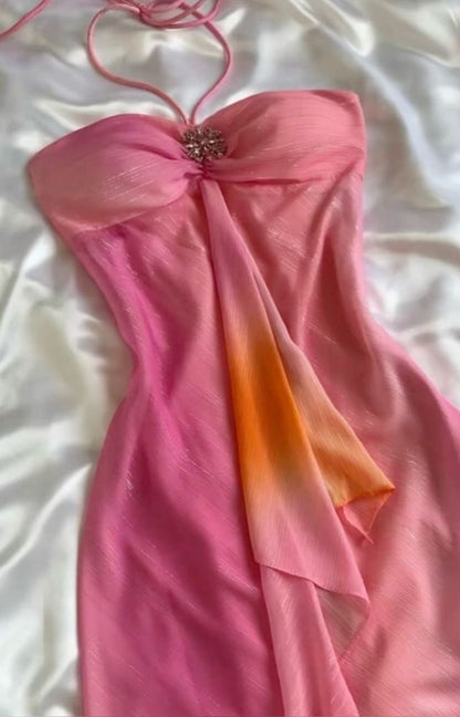Pink Gorgeous Gradient Strapless Long Chiffon Elegant Ball Gown Evening Dress Party Dress gh3179