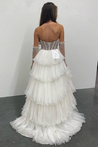 White Beaded Sweetheart Tiered Long Gown with Detachable Sleeves
