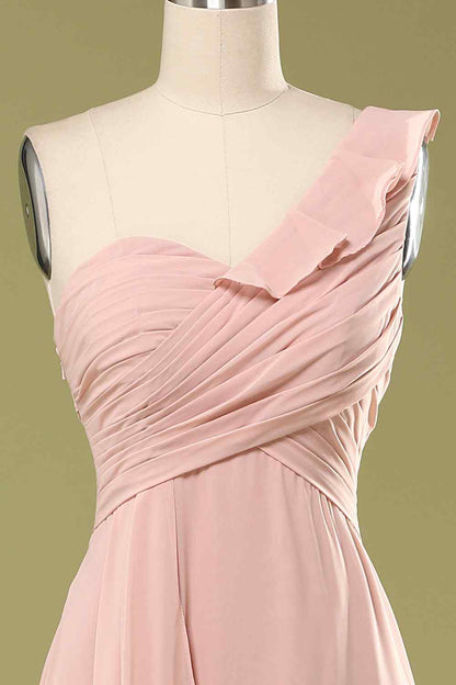 Blush Chiffon One-Shoulder Ruffled Bridesmaid Dress