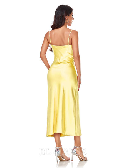 Sheath Crew Neck Spaghetti Strap Satin formal dresses Bridesmaid Dresses evening gown Prom Dress