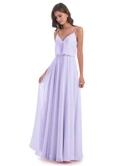 Simple slim shoulder chiffon and floor length bridesmaid dress