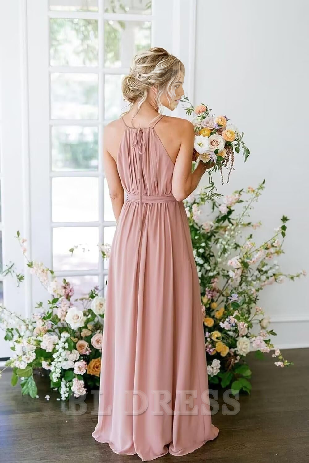 A Line Halter Chiffon Wrap Slit Pleated formal dresses Bridesmaid Dresses evening gown Prom Dress
