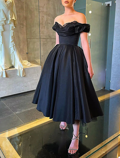 Aimishang A-Line Prom Dresses Elegant Dress Masquerade Formal Dresses Wedding Party Tea Length Short Sleeve Off Shoulder Fall Wedding Guest Satin