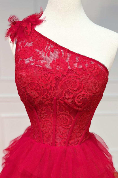 One-Shoulder Red Lace A-Line Tiered Prom Dress with Ruffles