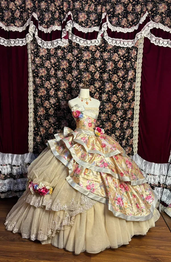 Retro Strapless Satin Sweet 16 Quinceanera A-Line Tiered Evening Dress Ball Gown HZ1024