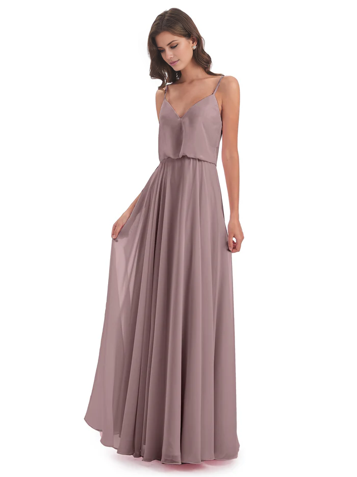 Simple slim shoulder chiffon and floor length bridesmaid dress