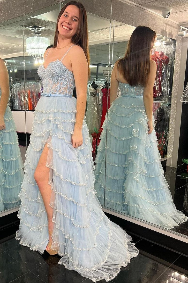 White Lace Beaded Ruffle Tiered Long Prom Dress with Slit