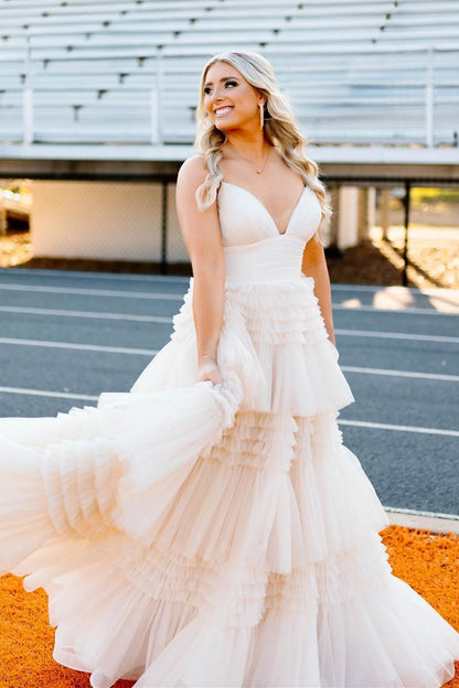 Black Tulle Multi-Tiered V-Neck Long Prom Dress