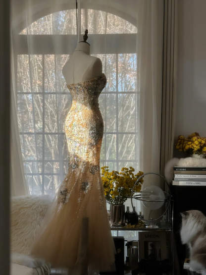 Elegant Mermaid Golden Sparkling Strapless Elegant Beaded Chiffon Evening Dress Prom Dress HZ1024