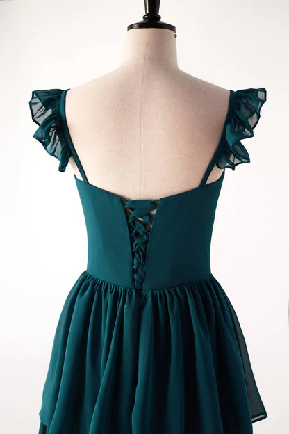 Straps Dark Blue Ruffle Long Bridesmaid Dress