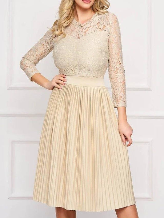A-Line Mother of the Bride Dress Elegant Jewel Neck Knee Length Chiffon Lace 3/4 Length Sleeve with Pleats Embroidery - RongMoon