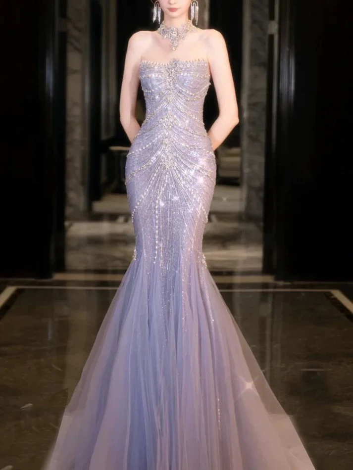Luxury Lilac Mermaid Strapless Tulle Beaded Long Prom Dress,Evening Dress cc2537