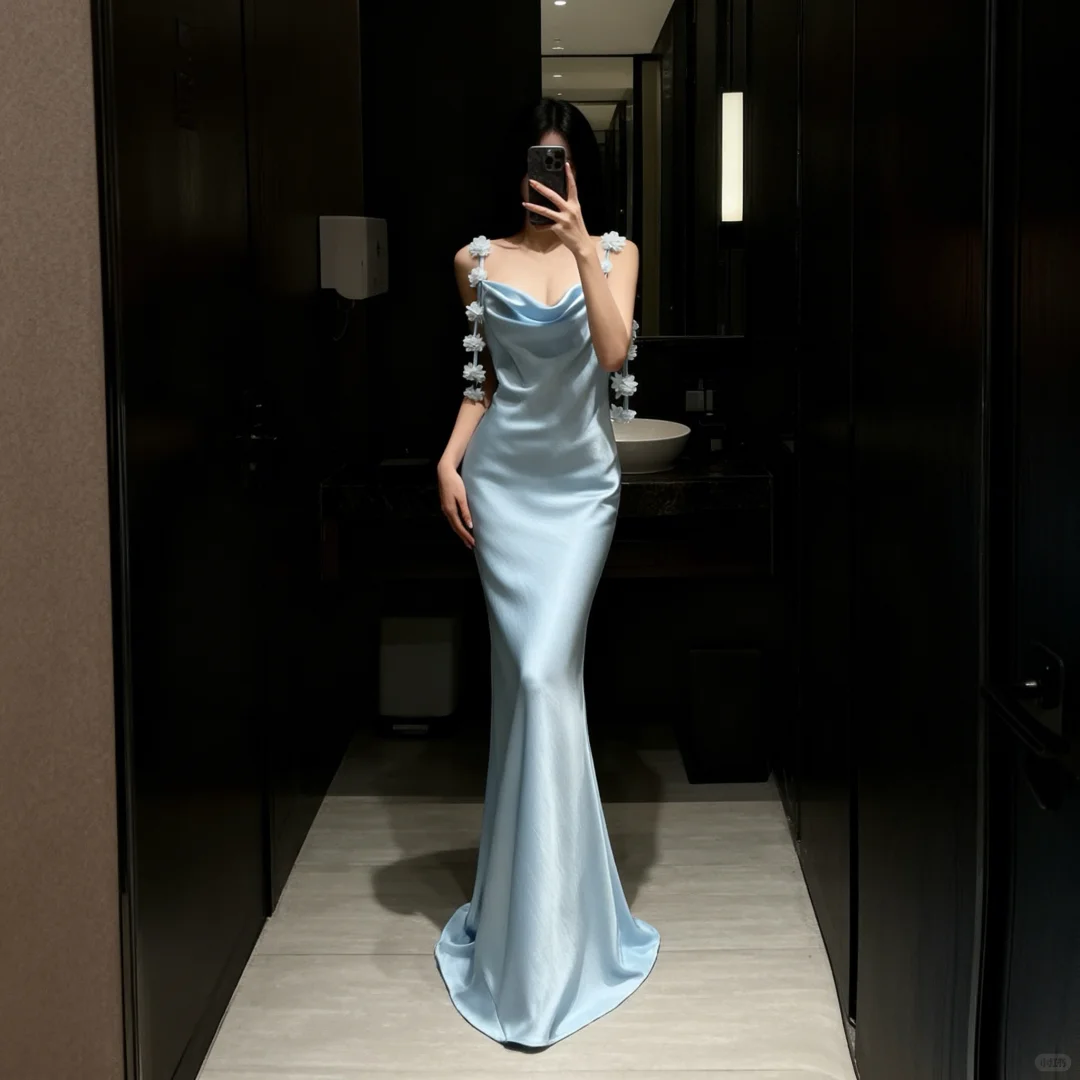 Gentle Blue Mermaid Formal Dress Outfits Spaghetti Strap Satin Long Evening Gowns