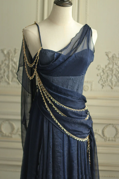 Unique Navy Blue Chiffon Party Dress,A Line Evening Dress cc2720