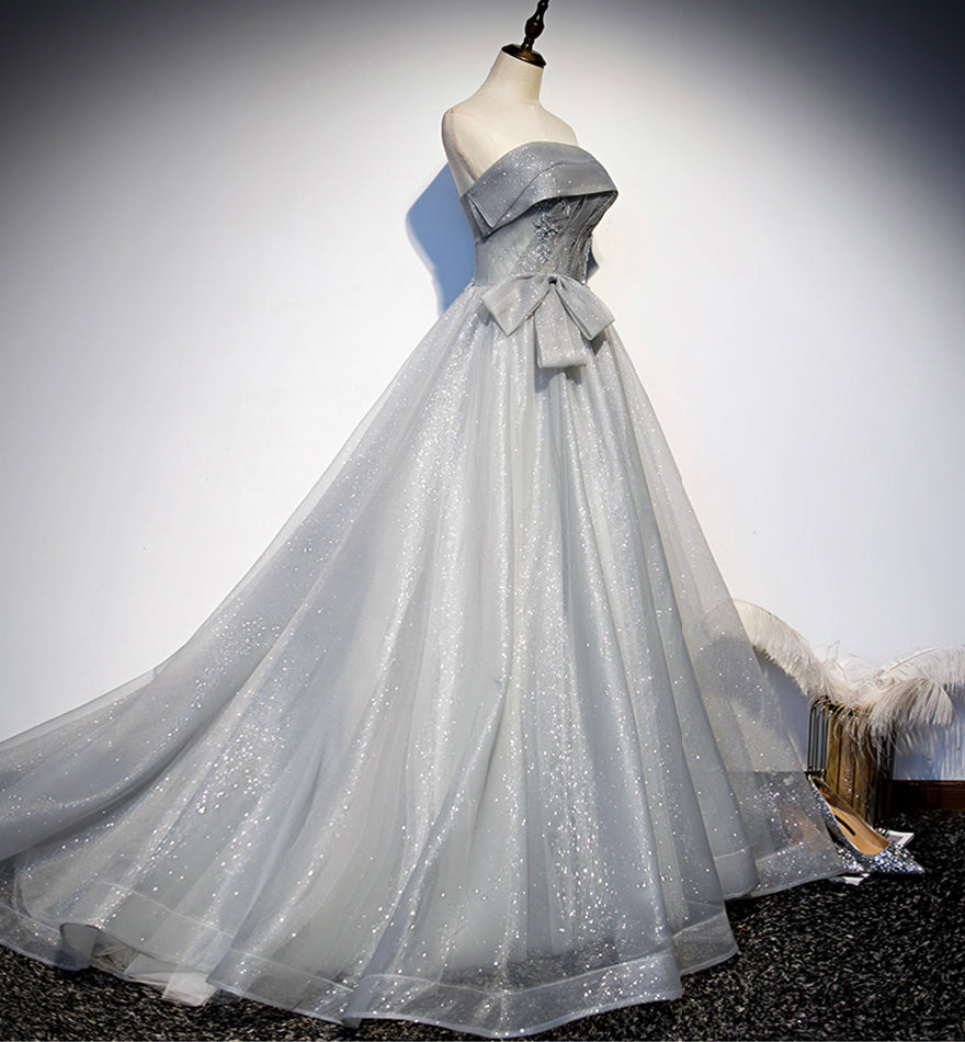 Gray tulle sequins long ball gown dress formal dress  8448
