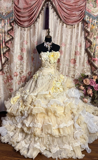 Yellow floral beaded long tulle ball gown evening gown adult gown wedding dress gh4572
