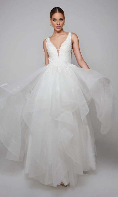 Chiffon lace deep V-neck floral decals and floor length wedding dresses