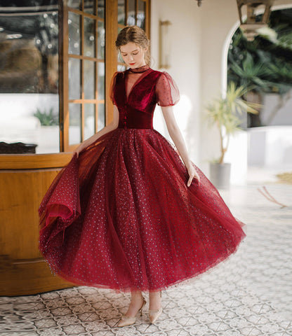 Burgundy tulle short prom dress A line evening dress  8647